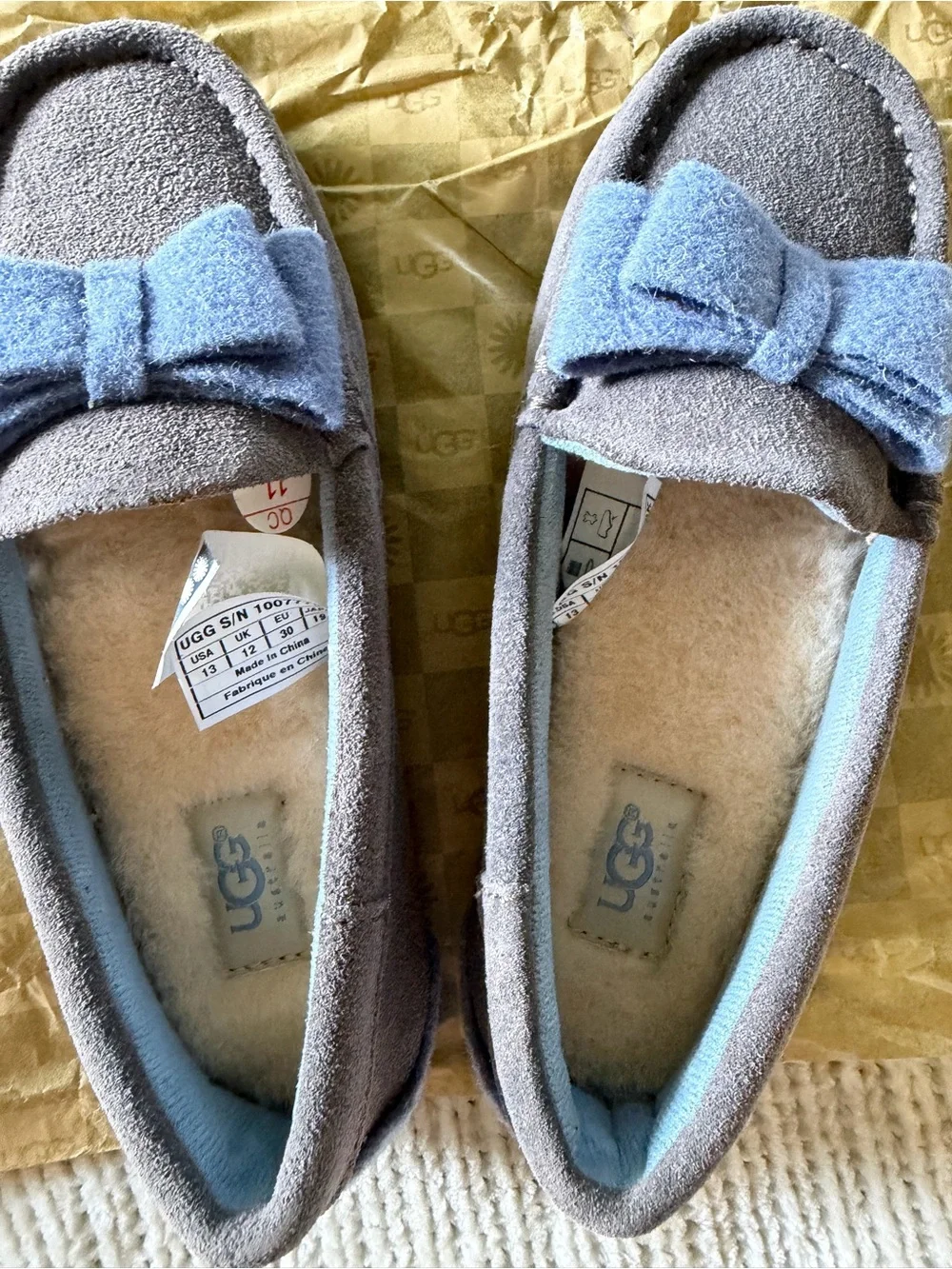 UGG Kids Grey Suede Bow Slippers with Light Blue Trim